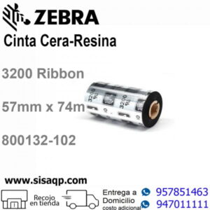 Cinta Zebra Cera-Resina 3200, 57mm x 74m, OUT Core 12,7mm. Ancho del Rollo 56,9mm 800132-102