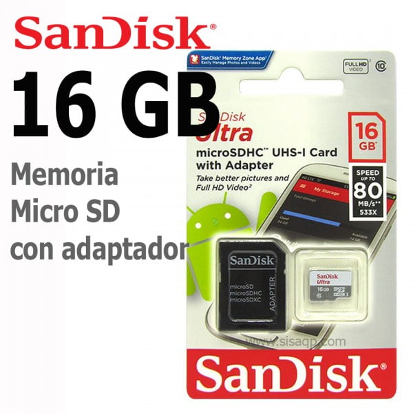 Micro SDHC 16Gb UHS-I SanDisk Ultra, Clase10, con adaptador SD SDSQUNS-016G-GN3MA