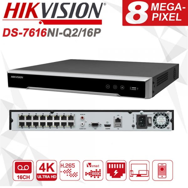 NVR 16 canales POE 1U 16 4K DS-7616NI-Q2/16P