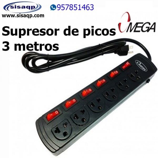 Supresor de picos con switch 3 metros 6 tomas Omega 49262JBK