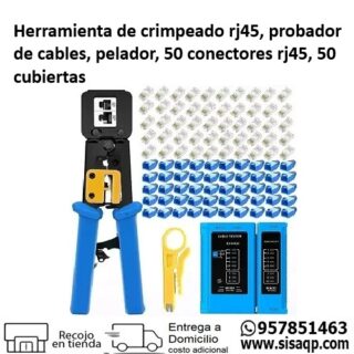 Herramienta de crimpeado rj45, probador de cables, pelador, 50 conectores rj45, 50 cubiertas