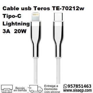 Cable usb Teros TE-70212W Tipo-C a Lightning, 3A, 20W, blanco y plateado