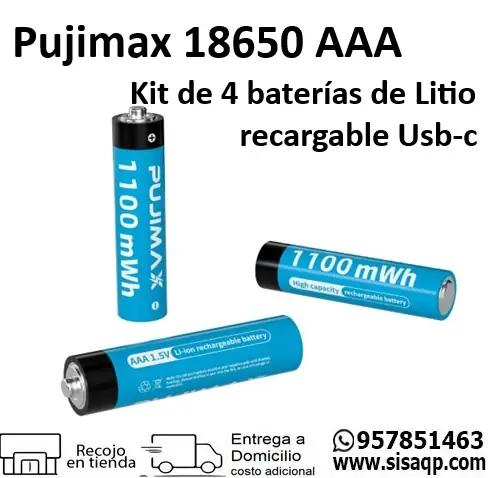 Pujimax 18650 Kit de 4 baterias de Litio recargable Usb-C AAA 1100MWH 1.5V